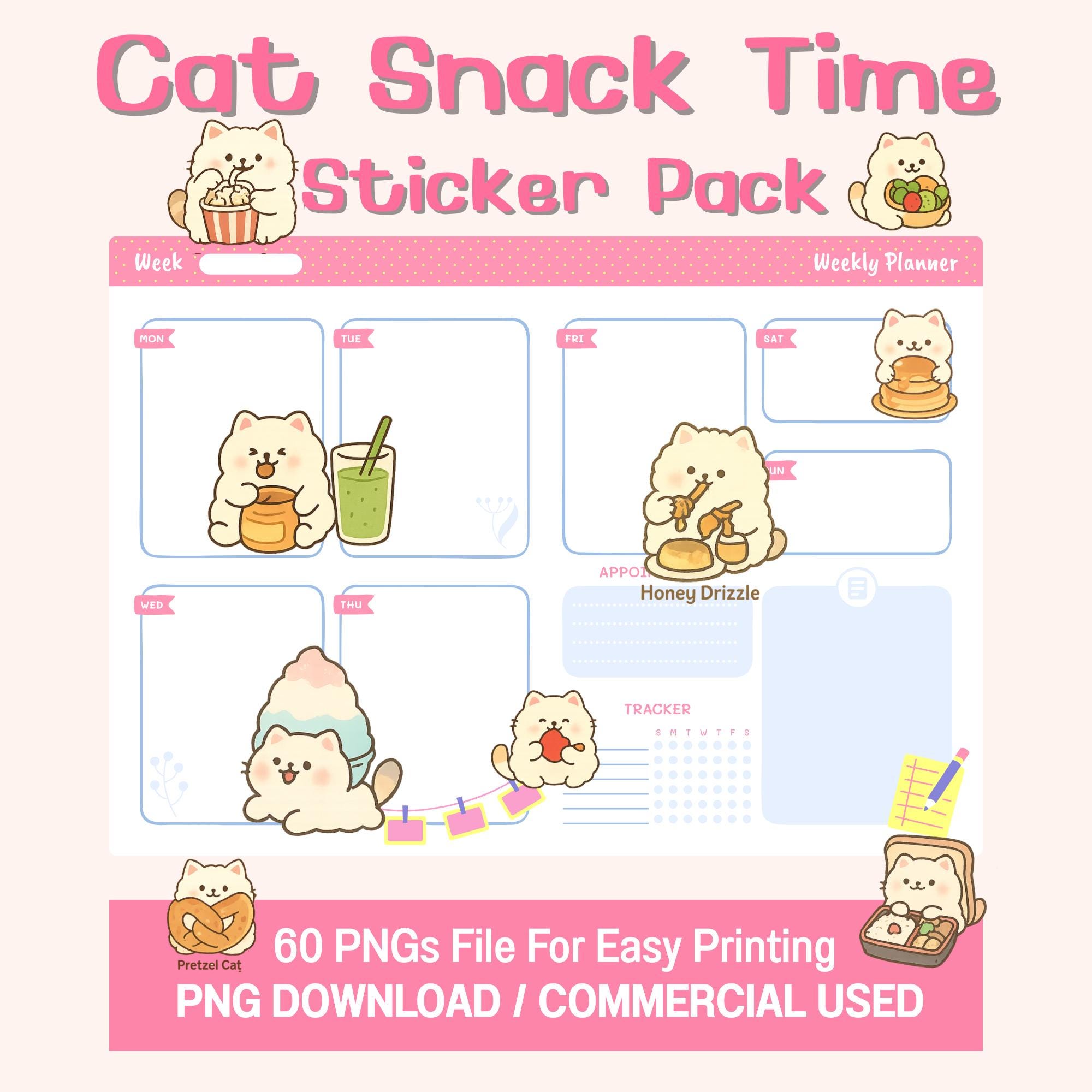 Cat Snack Time Sticker Pack Digital PNG Bundle for Planner Journal ...