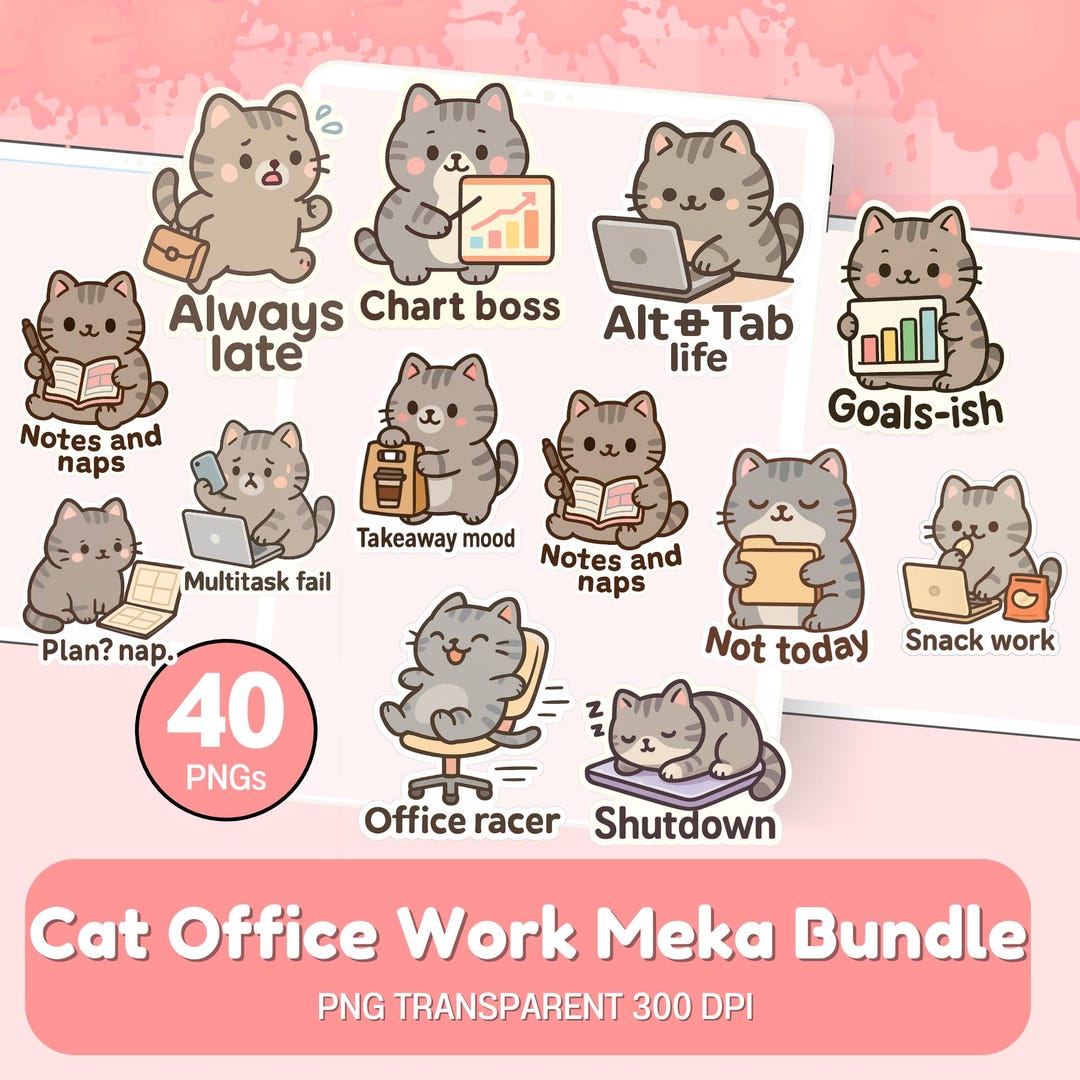 Cat Office Work Meka Bundle Digital Planner Productivity Sticker Pack ...
