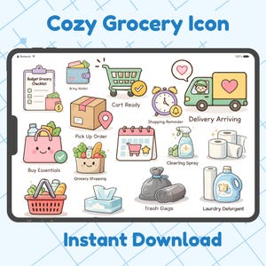 Cozy Grocery icon sticker bundle featuring cute grocery shopping essentials including shopping cart, grocery bag, milk, eggs, bread, cheese, vegetables, fruits, meat and shopping list. Digital download with 60 transparent PNG stickers for Goodnotes, iPad planner, digital journal, printable planner and scrapbooking.