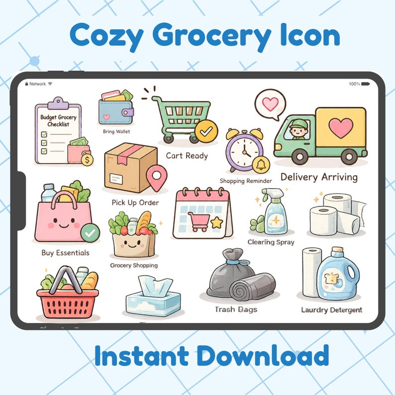 Cozy Grocery icon sticker bundle featuring cute grocery shopping essentials including shopping cart, grocery bag, milk, eggs, bread, cheese, vegetables, fruits, meat and shopping list. Digital download with 60 transparent PNG stickers for Goodnotes, iPad planner, digital journal, printable planner and scrapbooking.