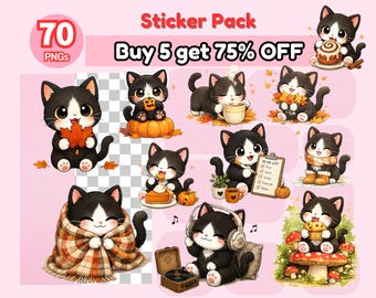 Kawaii Black Cat Autumn Sticker Pack | 70 Cute Fall Cat PNG Stickers | Cozy Planner Stickers | Pumpkin Cat Clipart | Printable PNG Bundle