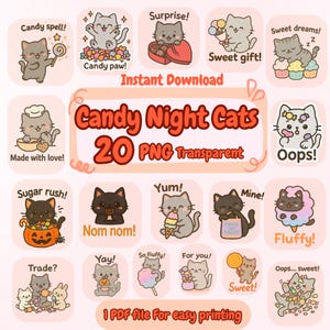 Halloween Candy Cat Stickers – 20 Sweet Spooky PNGs for Planner, Goodnotes & Journal (Digital Download)