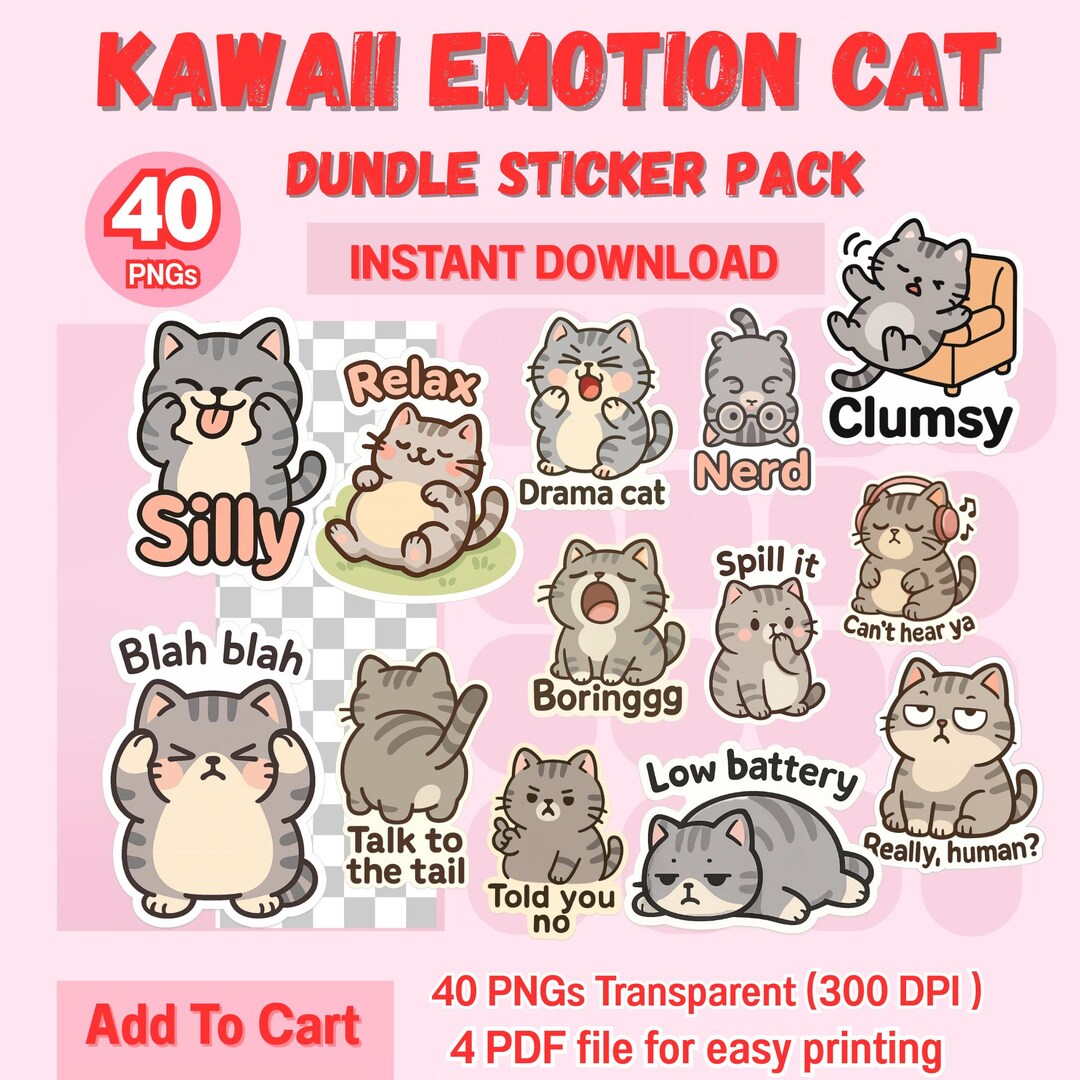 Kawaii Emotion Cat Sticker Bundle Digital Download Animal Planner ...