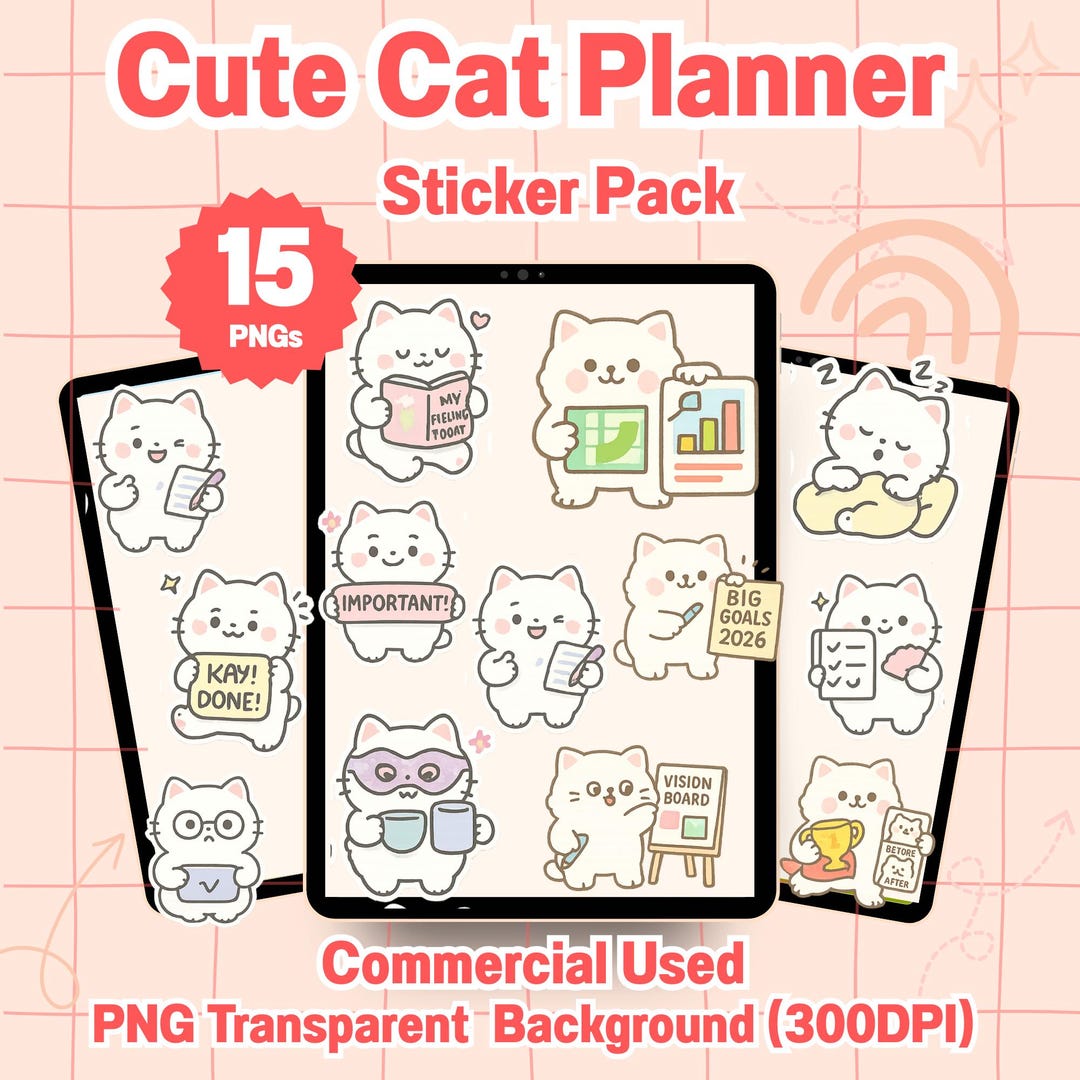 Cat Planner Stickers PNG Pack Weekly Tasks Digital Download ...