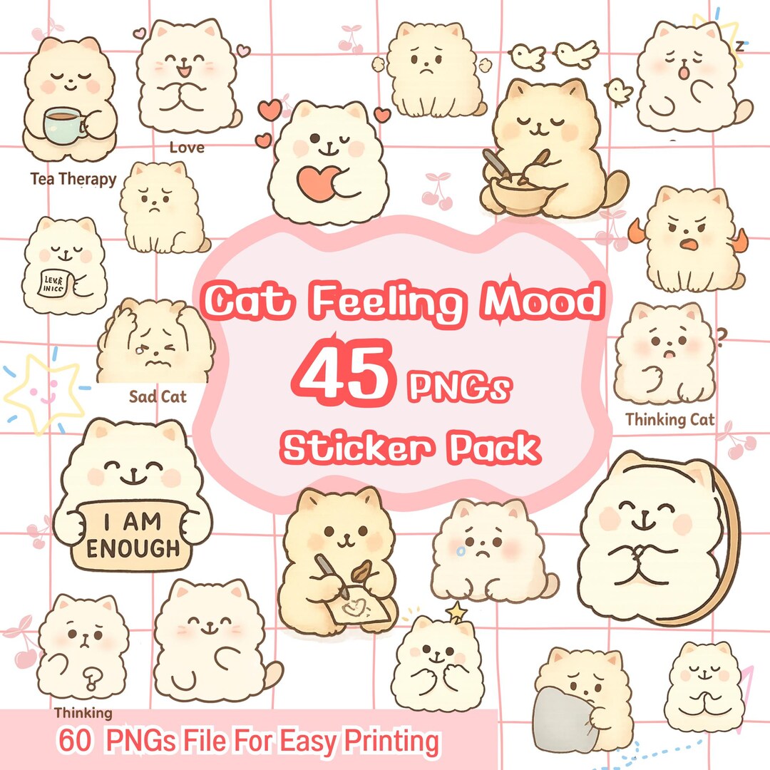 Sticker Freteling Cat Feeling Mood Sticker Pack Digital PNG Bundle for Planner Journal ...