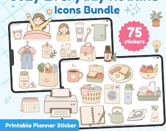 May include: A digital bundle of 75 stickers titled Cozy Everyday Routine Icons Bundle, featuring illustrations of daily tasks like brushing teeth, laundry, cooking, and office work, displayed on two tablet screens with a light blue background.