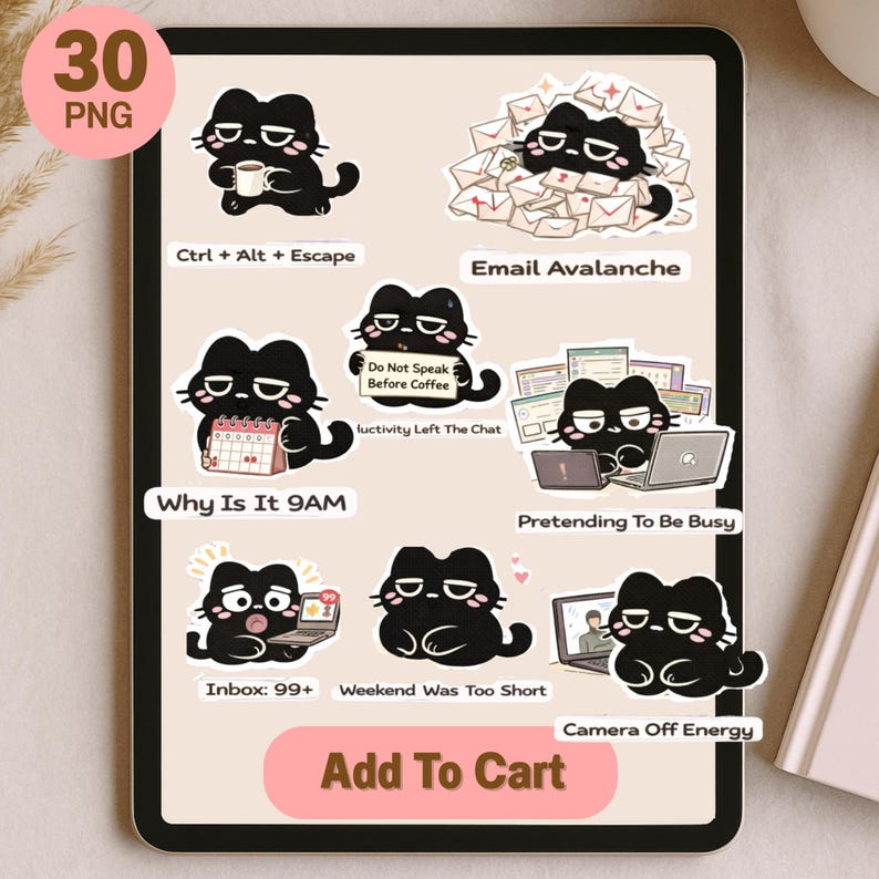 Black Cat Work Stickers PNG Bundle | Office Digital Planner Graphics ...