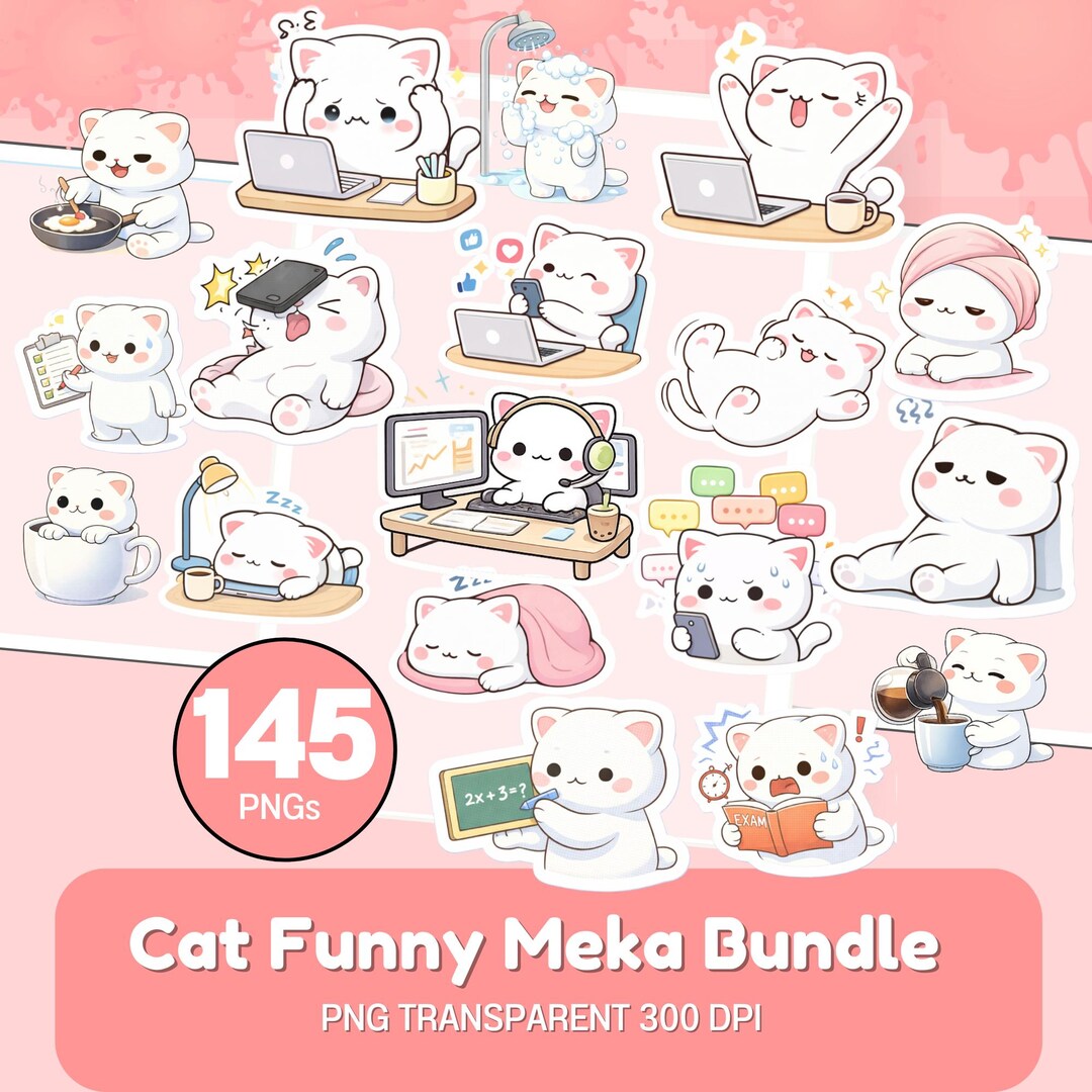 145 Kawaii Cat Sticker Bundle PNG Cute Cat Clipart Mega Pack for ...