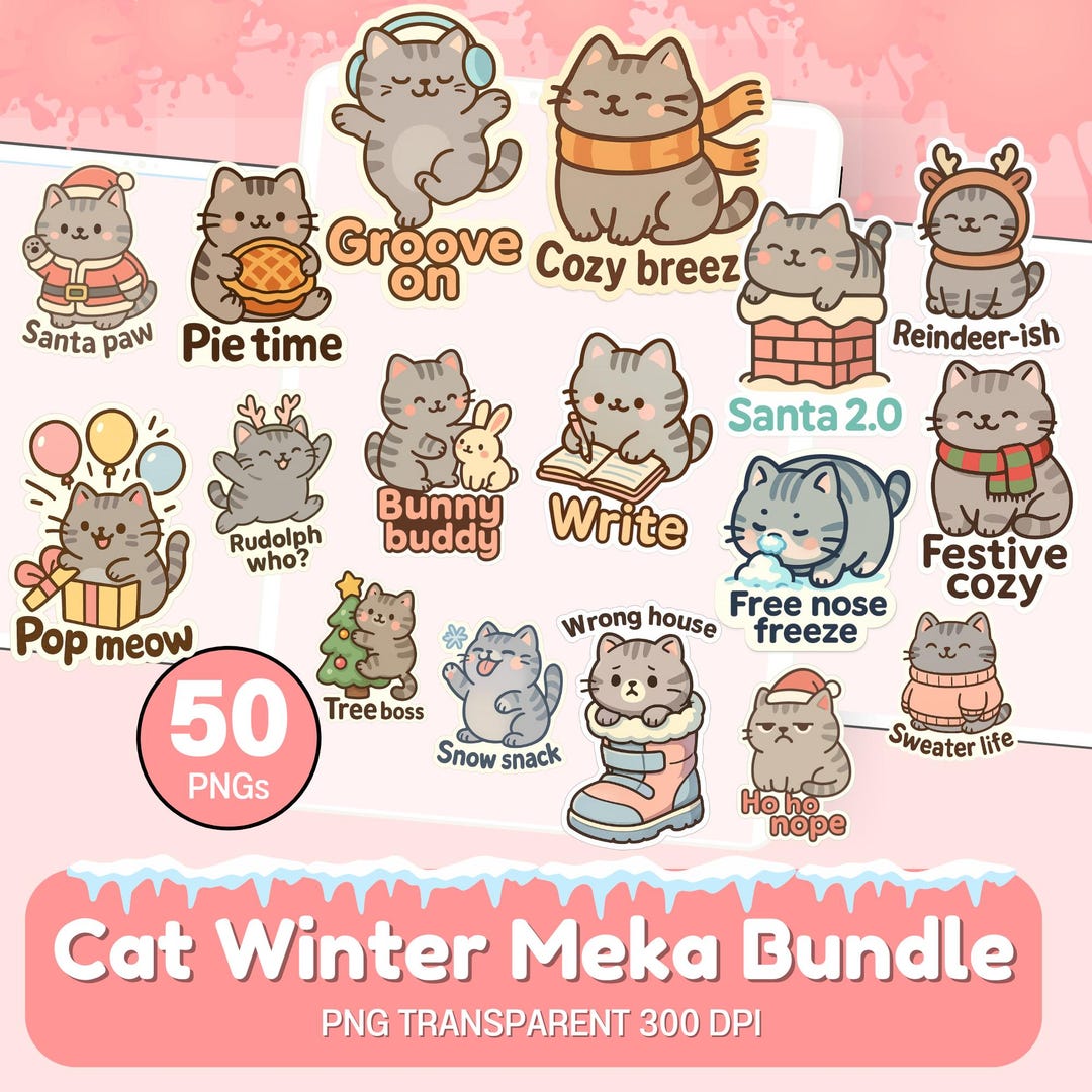 Cat Winter Meka Bundle Digital Planner Holiday Cozy PNG Sticker Pack ...