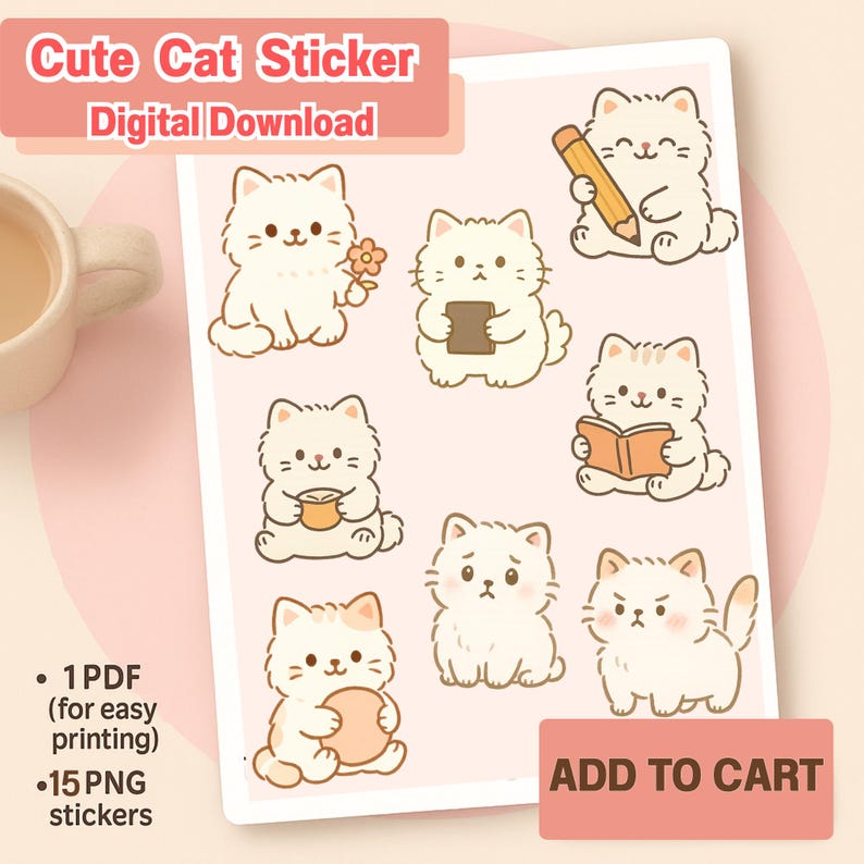 Cat Sticker Pack Kawaii PNG Bundle Digital Download Kawaii Animal ...
