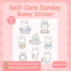 Self-Care Bunny Stickers | Kawaii Relaxation Digital Download PNG | Minimal Pastel Wellness Clipart | Cozy Printable Sticker Bundle