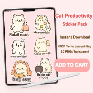Kawaii Cat Productivity Sticker Pack Work Mood Digital Download Cat ...