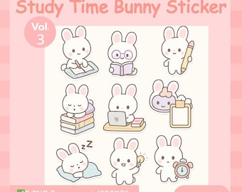 Study Bunny Stickers – Kawaii School Rabbit Planner PNG + PDF ( Motivation Stickers for Journaling)