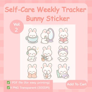 Self-Care Bunny Sticker Bundle Vol.2 | Cute Pastel Wellness Tracker Stickers | Kawaii Rabbit Mental Health Planner PNG | Motivation Sticker