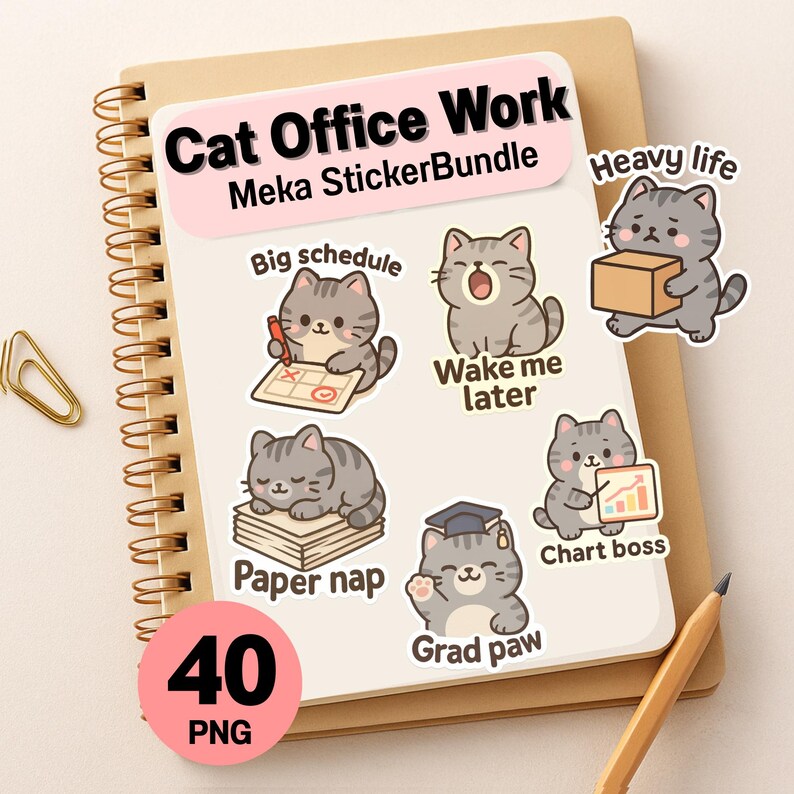Cat Office Work Meka Bundle Digital Planner Productivity Sticker Pack ...