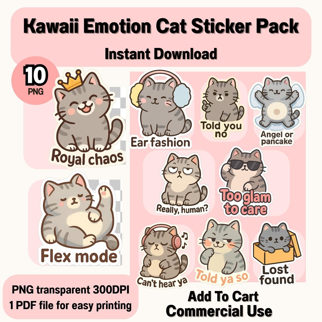 Kawaii Emotion Cat Sticker Pack Digital Download Funny Animal Quotes ...