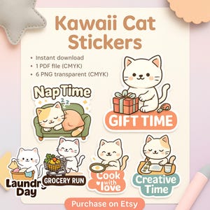 Kawaii Cat Daily Life Stickers | Cute Printable Planner Stickers for Routine Tasks, Journaling, Self-Care | Instant Download PNG & PDF