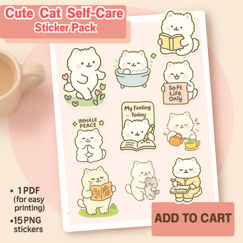 Cat Self Care Stickers PNG Wellness Icons Digital Journaling ...