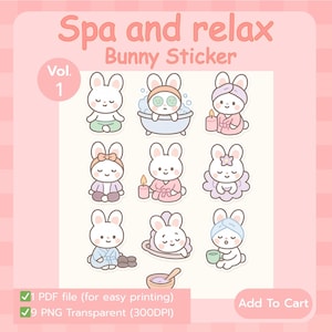 Spa Bunny Stickers | Self-Care Cute Rabbit PNG Vol.1 | Kawaii Relaxation Animal Stickers | Pastel Spa Digital Download | Motivation Stickers