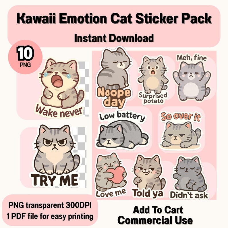 Kawaii Emotion Cat Sticker Pack Digital Download Funny Animal Quotes ...