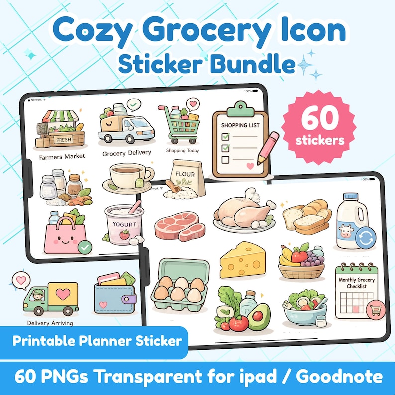Cozy Grocery icon sticker bundle featuring cute grocery shopping essentials including shopping cart, grocery bag, milk, eggs, bread, cheese, vegetables, fruits, meat and shopping list. Digital download with 60 transparent PNG stickers for Goodnotes, iPad planner, digital journal, printable planner and scrapbooking.