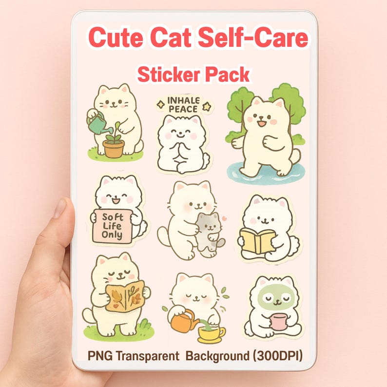Cat Self Care Stickers PNG Wellness Icons Digital Journaling ...