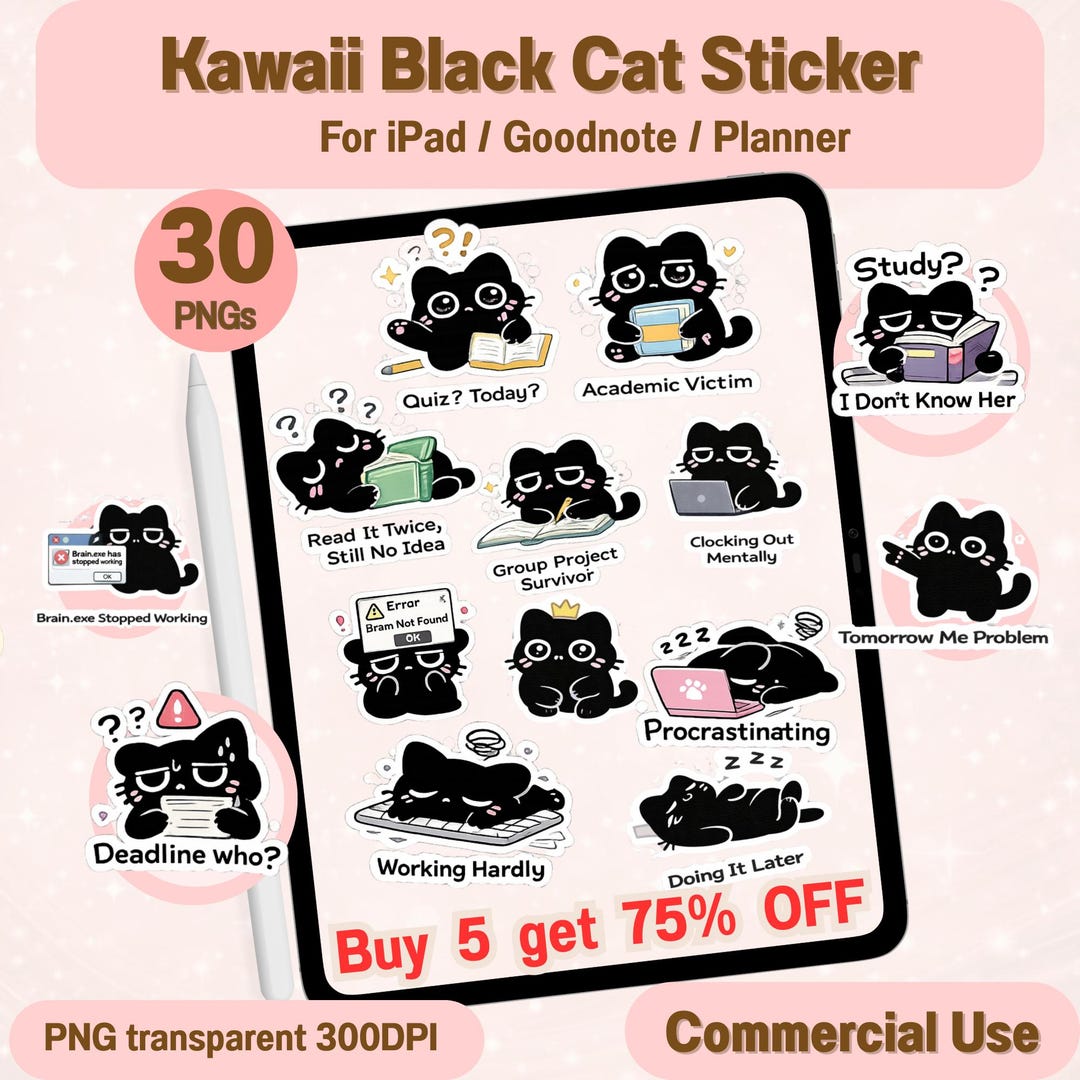Black Cat Study Stickers PNG Bundle | 30 Academic Digital Planner ...
