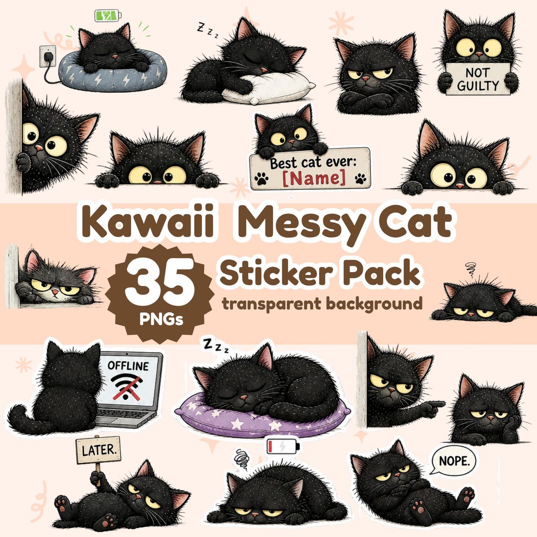 Black Cat Sticker Pack PNG Cute Grumpy Cat Clipart Kawaii Cat Stickers ...