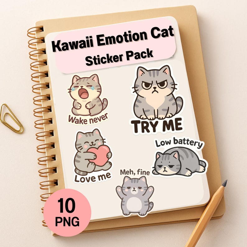 Kawaii Emotion Cat Sticker Pack Digital Download Funny Animal Quotes ...
