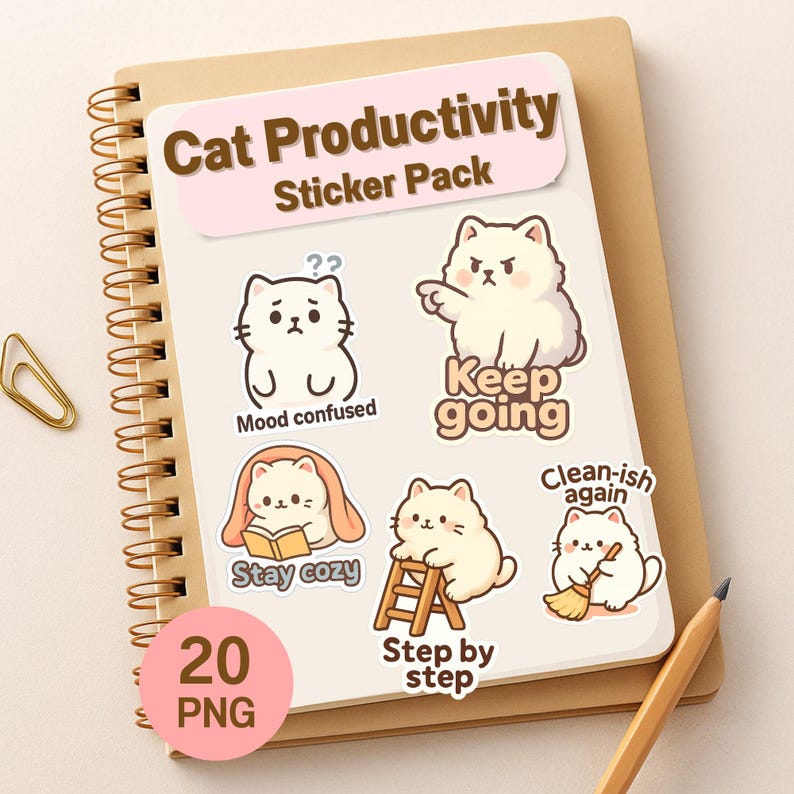 Kawaii Cat Productivity Sticker Pack Work Mood Digital Download Cat ...