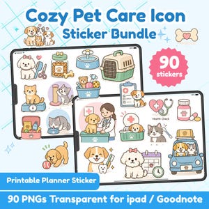 Autocollants PNG de planificateur de soins pour animaux de compagnie | 90 icônes mignonnes de chien et de chat | Autocollants GoodNotes | Planificateur numérique | Journal pour animaux de compagnie | iPad