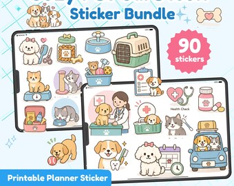 May include: A digital sticker bundle titled Cozy Pet Care Icon Sticker Bundle featuring 90 printable planner stickers. The collection includes illustrations of dogs, cats, pet supplies, medical equipment, and a veterinarian, all in a soft color palette.