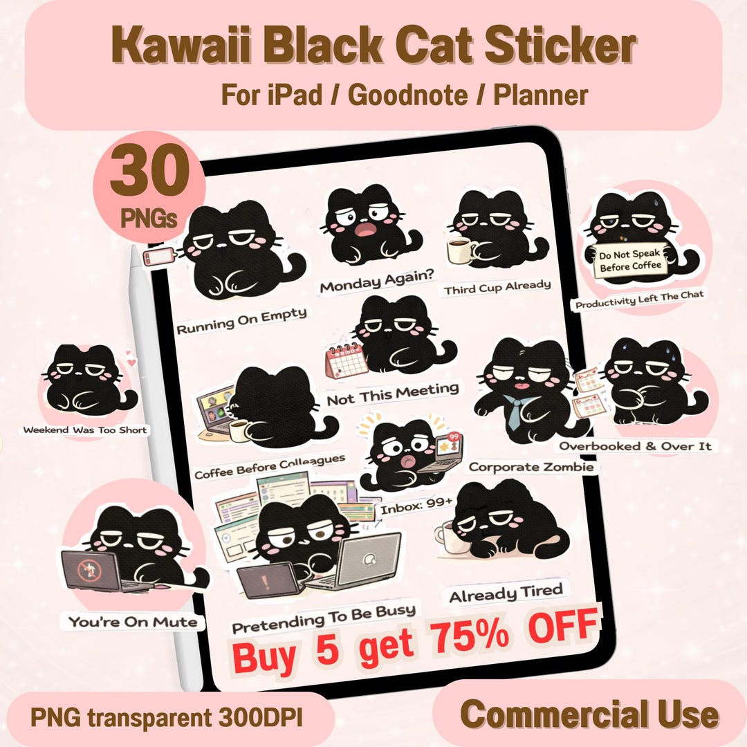 Black Cat Work Stickers PNG Bundle | Office Digital Planner Graphics ...