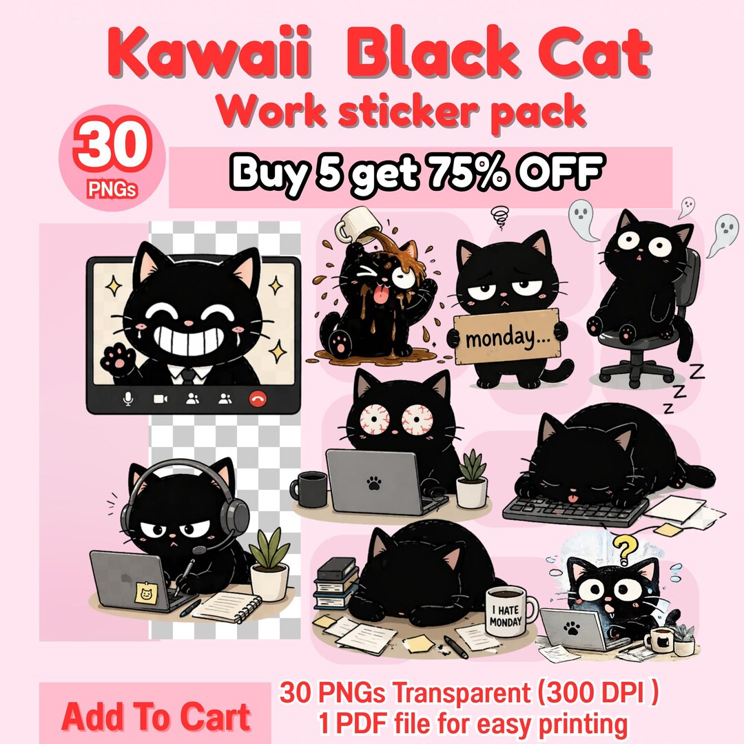 Kawaii Black Cat Work Stickers PNG Cute Funny Office Cat Clipart Monday ...