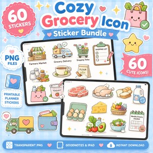 Cozy Grocery icon sticker bundle featuring cute grocery shopping essentials including shopping cart, grocery bag, milk, eggs, bread, cheese, vegetables, fruits, meat and shopping list. Digital download with 60 transparent PNG stickers for Goodnotes, iPad planner, digital journal, printable planner and scrapbooking.