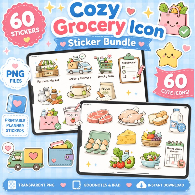 Cozy Grocery icon sticker bundle featuring cute grocery shopping essentials including shopping cart, grocery bag, milk, eggs, bread, cheese, vegetables, fruits, meat and shopping list. Digital download with 60 transparent PNG stickers for Goodnotes, iPad planner, digital journal, printable planner and scrapbooking.