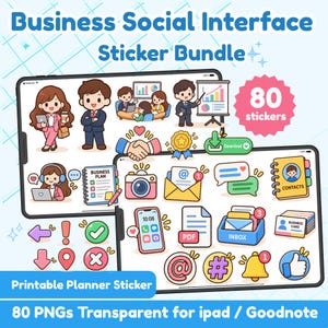May include: A digital sticker bundle featuring 80 business-themed illustrations displayed on two tablet screens. The set includes cartoon characters in suits, office icons, charts, email symbols, a camera, a phone, and various notification badges.