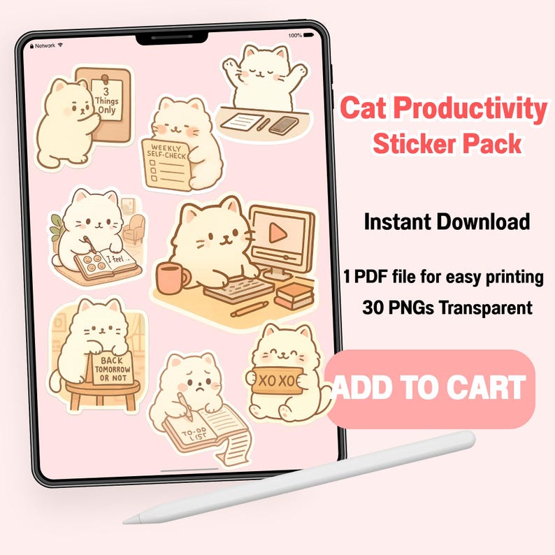 Kawaii Cat Productivity Sticker Pack PNG Digital Download Work ...