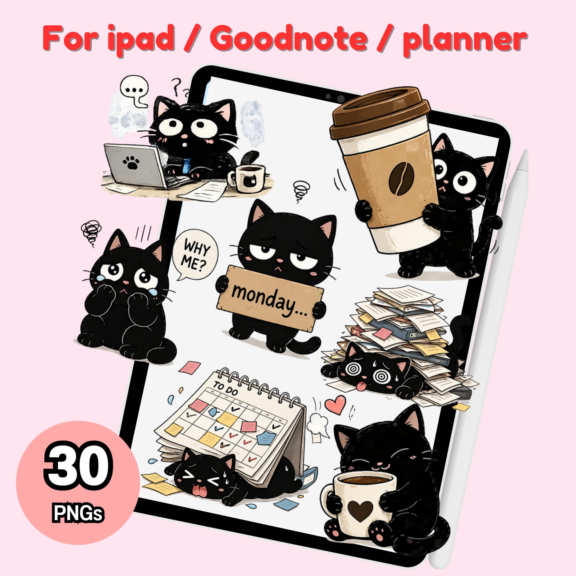 Kawaii Black Cat Work Stickers PNG Cute Funny Office Cat Clipart Monday ...