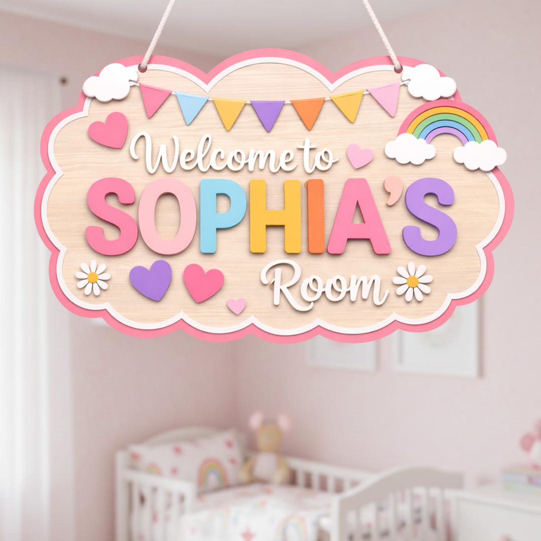 Personalized Rainbow Nursery Door Sign, Welcome Baby Name Wooden Sign ...