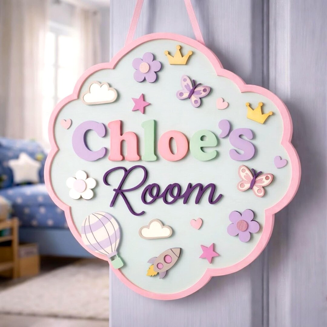 Personalized Girls Nursery Wooden Door Hanger, Custom Kids Room Door ...