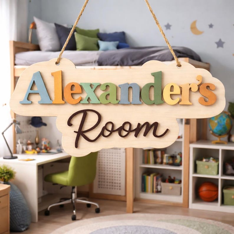 Personalized Kids Room Door Sign, Custom Name Wooden Cloud Sign ...
