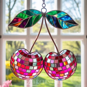 Cherry Disco Ball Acrylic Suncatcher, Mosaic Faux Stained Glass Twin Cherries Window Hanging, Retro Fruit Decor for Kitchen Party