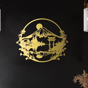 Porta Torii e riflesso del lago del Monte Fuji, decorazione artistica in metallo a tema giapponese, decorazione artistica in metallo ornamentale con fiori di ciliegio giapponesi