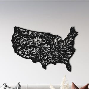 Carte des États-Unis avec motif floral, Carte des États-Unis en métal, Carte des États-Unis en métal, Décoration murale en métal, Décoration d'intérieur, Suspension murale, Décoration d'intérieur en métal