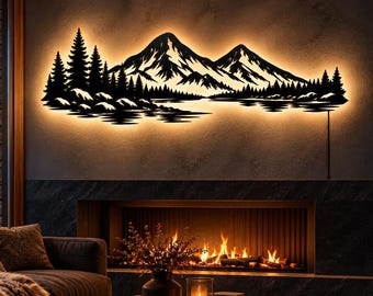 Illuminated Mountain Wall Art, LED Metal Wall Decor, Glowing Forest Landscape, Rustic Cabin Decor, Nature Light Art