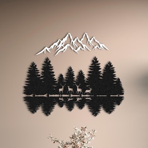 Décoration murale en métal montagne et forêt, grande oeuvre d&#39;art murale en métal pour le salon, oeuvre d&#39;art murale paysage rustique, oeuvre d&#39;art en métal de montagne moderne, cadeau pour la maison