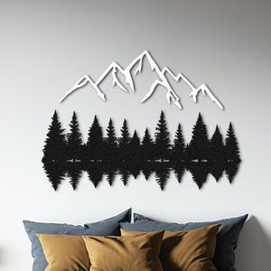 Déco murale en métal forêt montagne, cadeau déco nature, décoration murale montagne, décoration maison lac, grande décoration extérieure, art mural montagne forêt