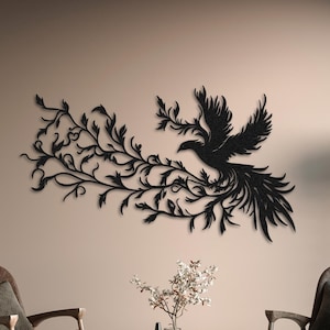 Phoenix On Tree Branch Metal Wall Art, Branch Wall Decor,Metal Phoenix Wall Art,Living Room Wall Art,Forest Wall Art,Lucky Housewarming Gift