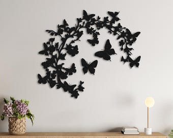 Arte de pared de metal con diseño de mariposas y flores, decoración de pared con ramas de árbol para dormitorio de niña, arte de pared con mariposas y flores, decoración infantil.